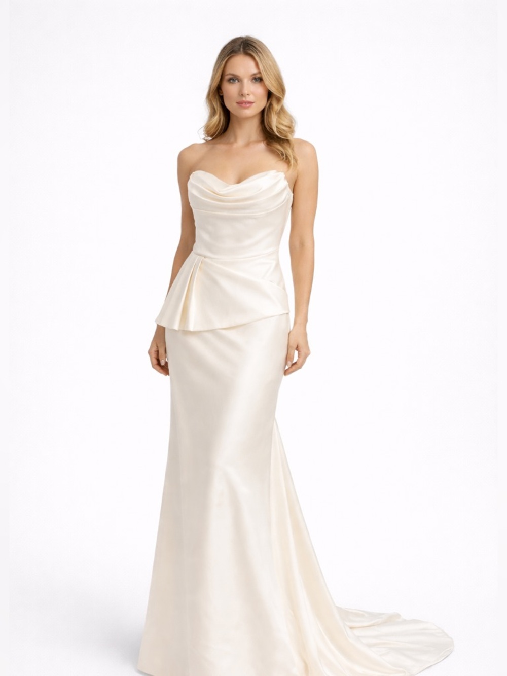 NEW Strapless Cream Satin Peplum Gown